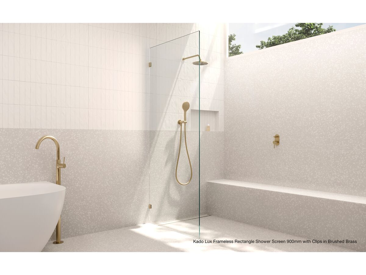In Situ - Kado Lux Frameless Rectangle Shower Screen 900mm with Clips in Brushed Brass