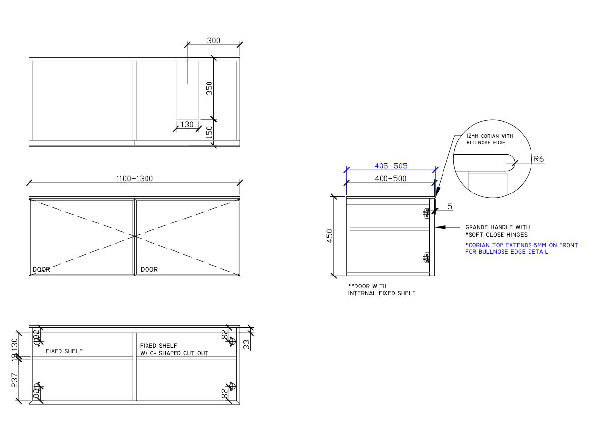 ISSY Adorn Above Counter / Semi Inset Wall Hung Vanity Unit with Two Doors & Internal Shelf with Grande Handle 1101-1300mm x 400-500mm x 450mm OFFSET RIGHT (OPENS BOTH SIDES)