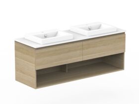 Posh Domaine Plus Shelf All-Drawer 1500 Double Bowl Wall Hung Vanity Unit Caesarstone Top