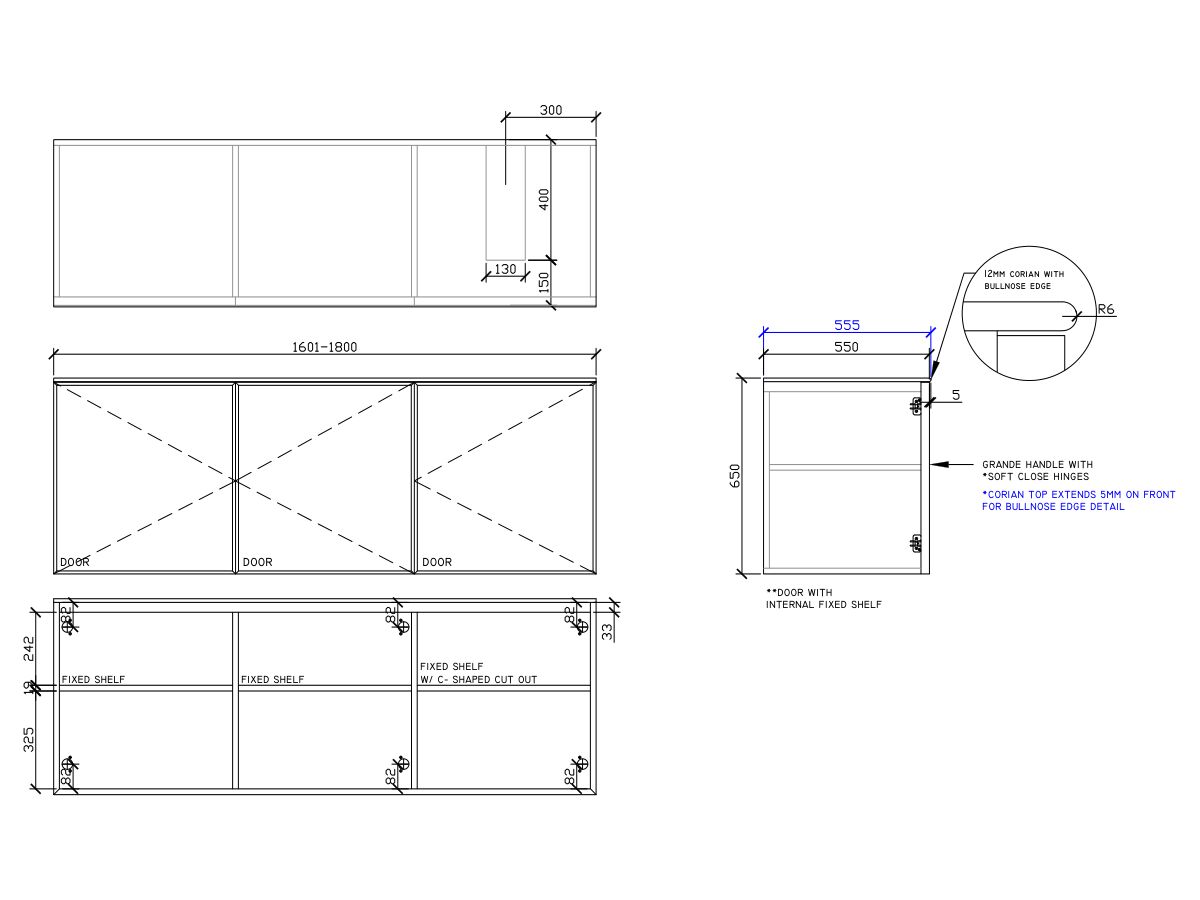 ISSY Adorn Undermount Wall Hung Vanity Unit with Three Doors & Internal Shelf with Grande Handle 1601-1800mm x 550mm x 650mm OFFSET RIGHT (CENTRE RIGHT)