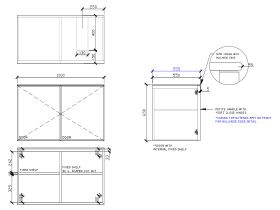 Technical Drawing - ISSY Adorn Undermount Wall Hung Vanity Unit with Two Doors & Internal Shelf with Petite Handle 1000mm x 550mm x 650mm OFFSET RIGHT (OPENS BOTH SIDES)