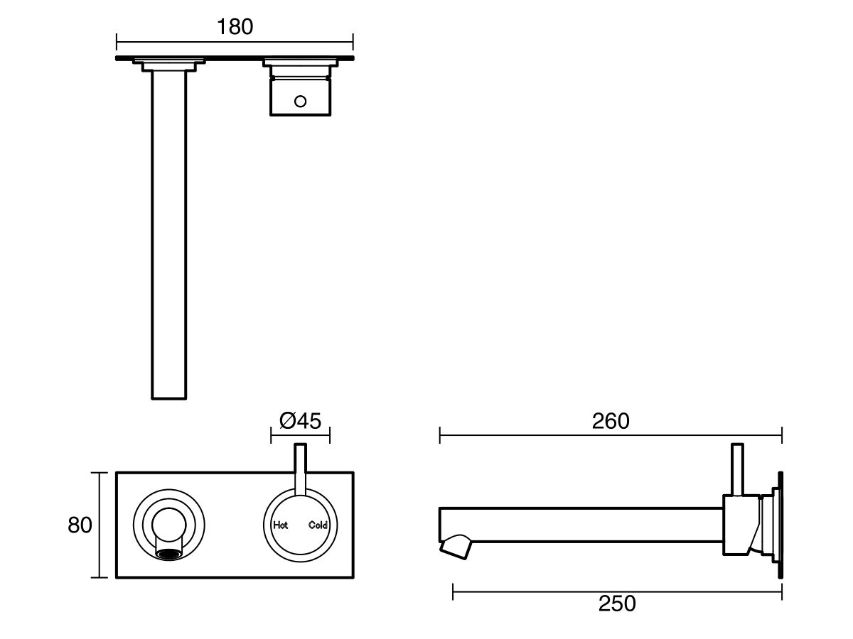 Technical Drawing - Scala Straight Wall Basin Mixer Tap System Right Hand Mixer Tap 250mm Outlet