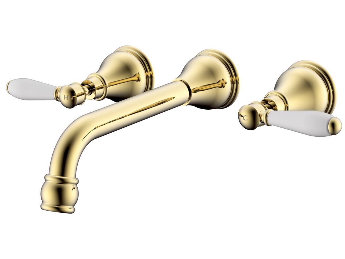 Milli Voir Wall Basin Set Lever Handle 220mm with Porcelain Handles Brass Gold (5 Star)