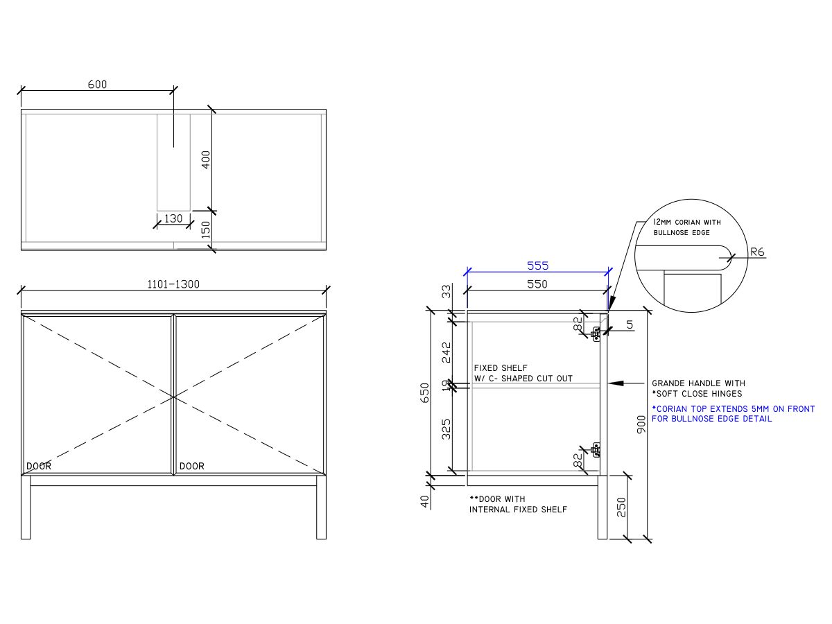ISSY Adorn Undermount Vanity Unit with Legs Two Doors & Internal Shelves with Grande Handle 1101-1300mm x 550mm x 900mm CENTERED (OPENS BOTH SIDES)