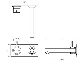 Technical Drawing - Scala Straight Wall Basin Mixer Tap System Left Hand Mixer Tap 200mm Outlet