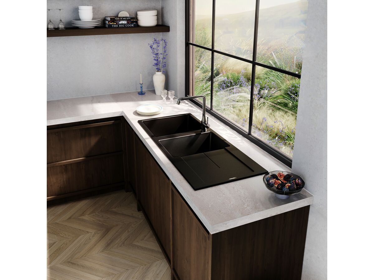 Memo Freya 1 3/4 Sink 1 Taphole Left Hand Bowl with Drainer Granite Black