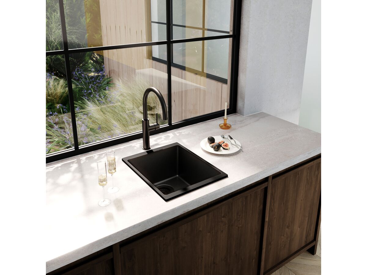 Memo Freya Compact Single Bowl Sink No Taphole Granite Black