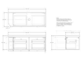 Technical Drawing - Kado Era 50mm Durasein Statement Top Single Curve All Drawer 1350mm Wall Hung Vanity with Center Basin