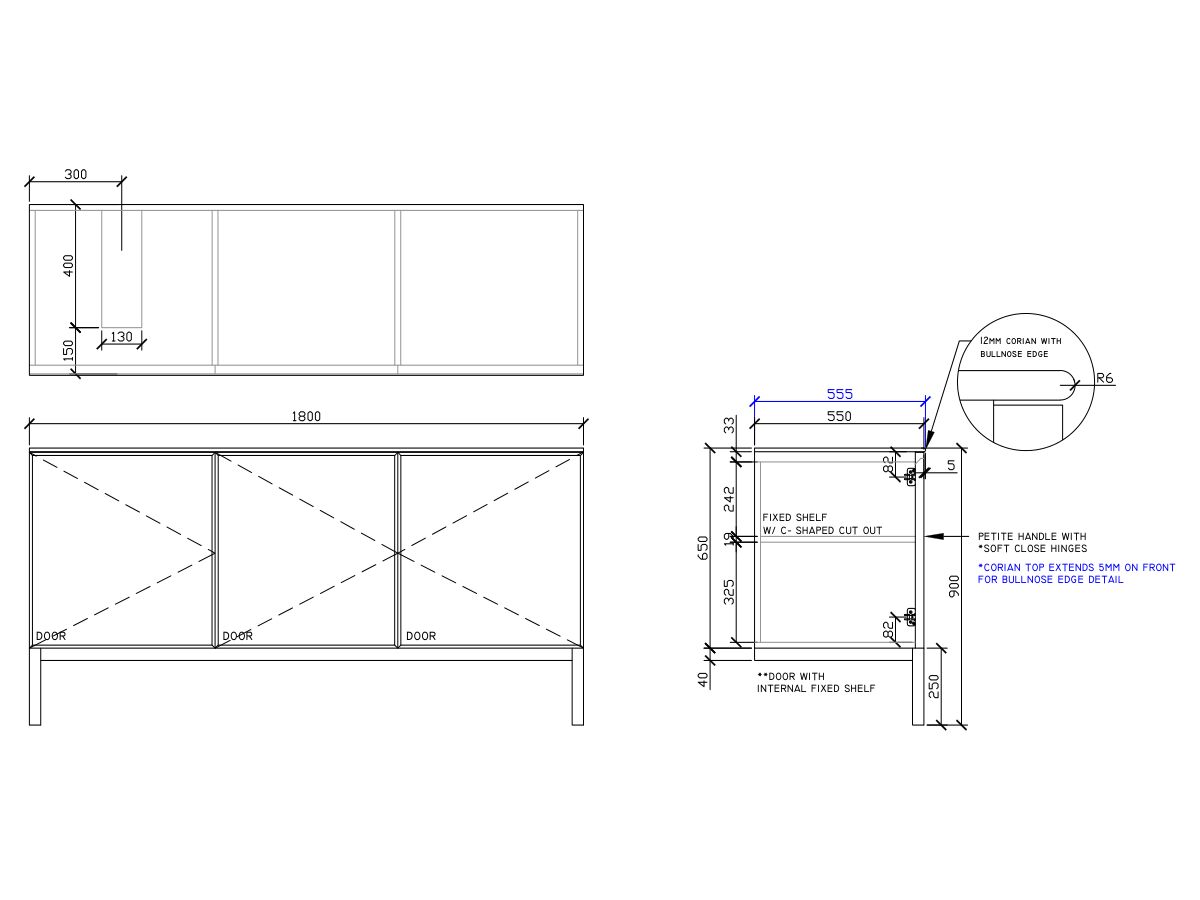 ISSY Adorn Undermount Vanity Unit with Legs Three Doors & Internal Shelves with Petite Handle 1800mm x 550mm x 900mm OFFSET LEFT (CENTRE LEFT)