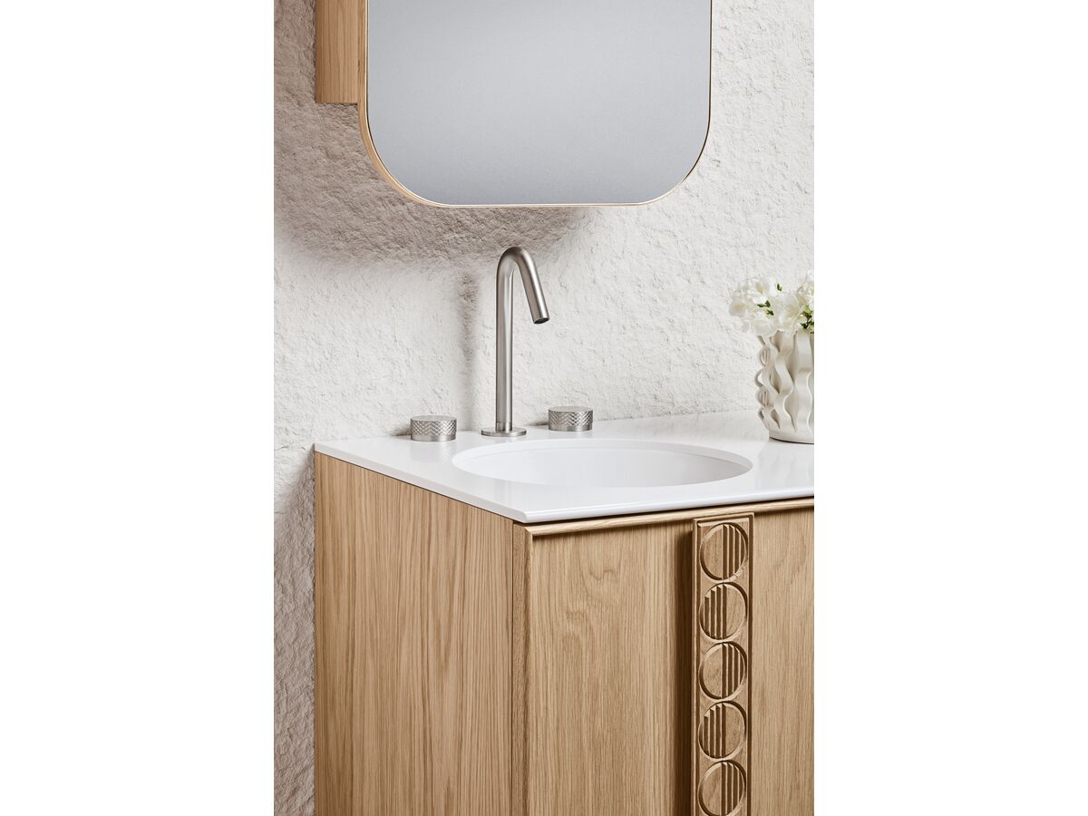 Adorn 3 vanity with Eclipse handle and Ballerina shaving cabinet portrait close up side view - American Oak