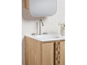 Adorn 3 vanity with Eclipse handle and Ballerina shaving cabinet portrait close up side view - American Oak
