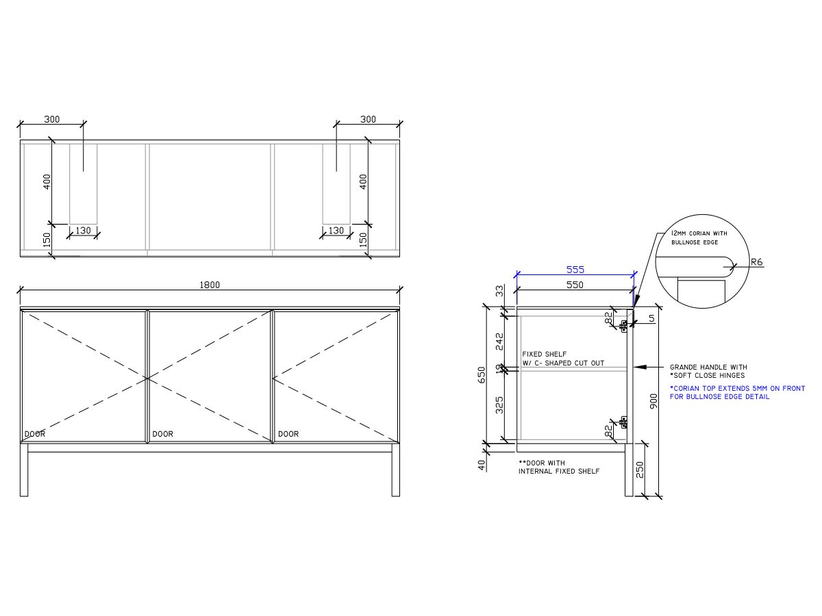 ISSY Adorn Undermount Vanity Unit with Legs Three Doors & Internal Shelves with Grande Handle 1800mm x 550mm x 900mm DOUBLE (CENTRE RIGHT)